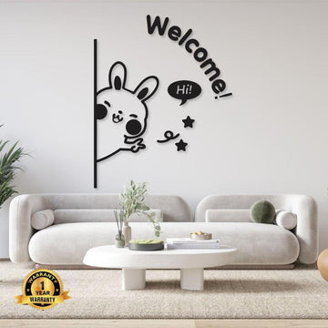 3D Rabbit Welcome Wall Art Decor 12x12 Inch | Modern Wooden Bunny Wall Hanging for Home Entrance & Nursery